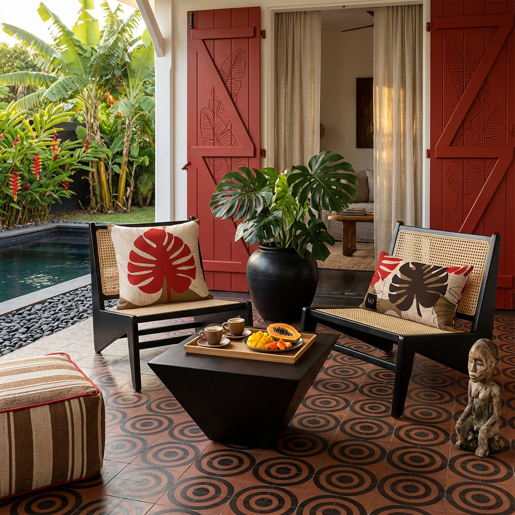 Photo de décoration de villa créole avec 2 sublimes fauteuils en ébène au design moderne, cannage beige orné chacun de coussin mzelle design, motif feuilles de monstera, table basse tasses de café et assiette de fruits, portes en bois peint rouge gravées  , carrelage géométrique de cercles, grand pot en grès noir contenant une plante monstera, jardin et piscine.