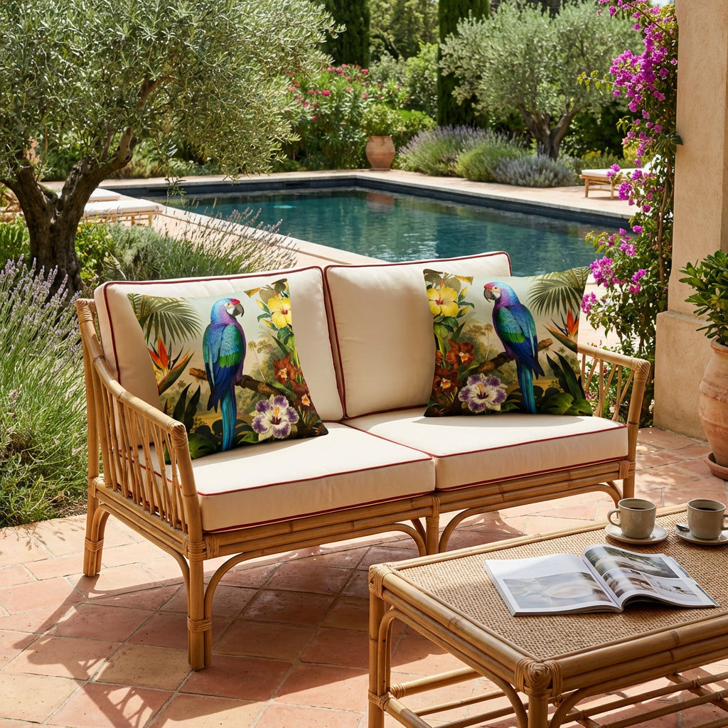 Photo professionnelle de décoration villa provençale baignée de soleil ,gros plan de face sur une banquette 2 places au design moderne en bambou tressée , ornée de chaque côté d'un large coussin motif perroquet coloré, mzelle design.