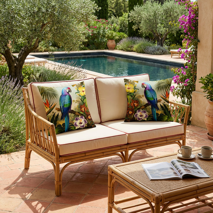 Photo professionnelle de décoration villa provençale baignée de soleil ,gros plan de face sur une banquette 2 places au design moderne en bambou tressée , ornée de chaque côté d'un large coussin motif perroquet coloré, mzelle design.