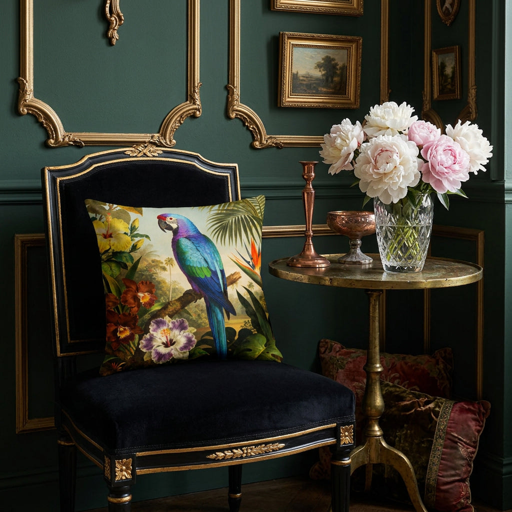 photographie professionnelle, décoration haut de gamme d'un boudoir maximaliste italien, vue de face sur une chauffeuse régence en velours noir où est posé un large coussin motif perroquet mzelle design. Mur vert profond avec moulures classiques.