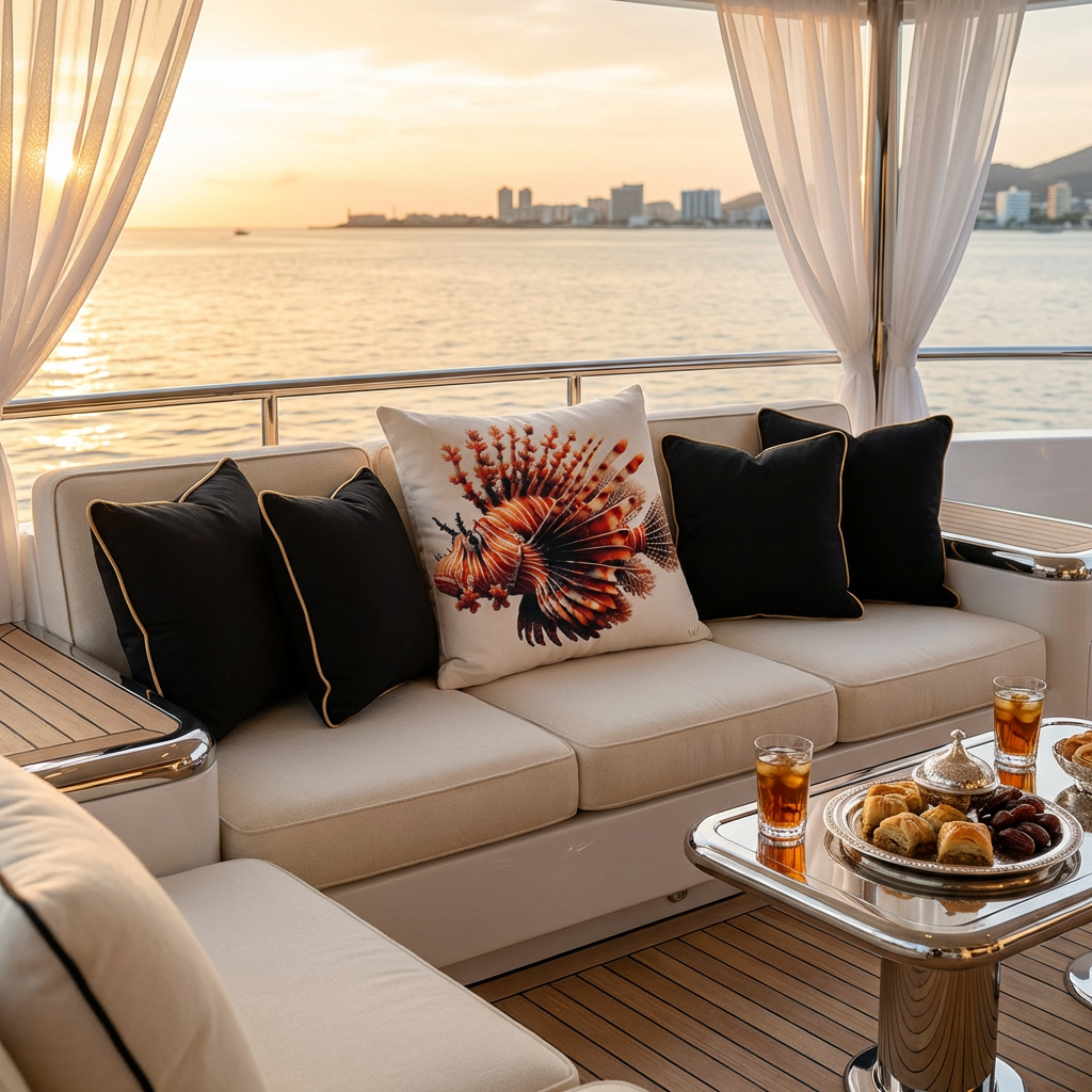 photographie éditoriale haut de gamme, style magazine de décoration de yacht de luxe au coucher de soleil, une grande banquette nautique élégante et ornée d'un large coussin mzelle design motif poisson lion tropical, et 2 autres de chaque côté noir et doré  mer calme et horizon doré.