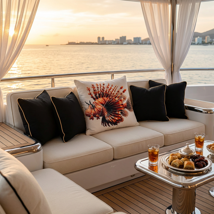 photographie éditoriale haut de gamme, style magazine de décoration de yacht de luxe au coucher de soleil, une grande banquette nautique élégante et ornée d'un large coussin mzelle design motif poisson lion tropical, et 2 autres de chaque côté noir et doré  mer calme et horizon doré.