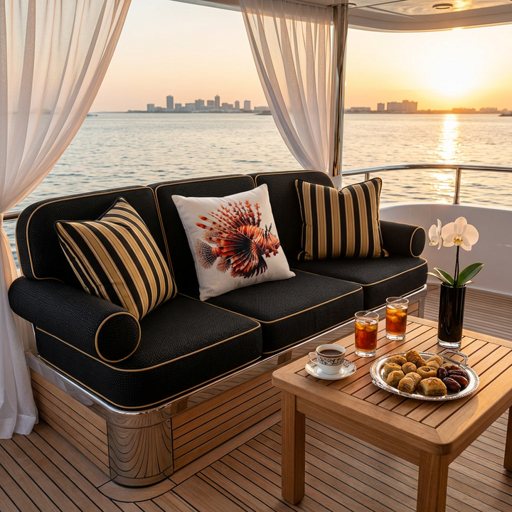 photographie éditoriale haut de gamme, style magazine de décoration de yacht de luxe au coucher de soleil, une grande banquette nautique élégante et ornée d'un large coussin mzelle design motif poisson lion tropical, et 2 autres de chaque côté rayures noir et doré  mer calme et horizon doré.