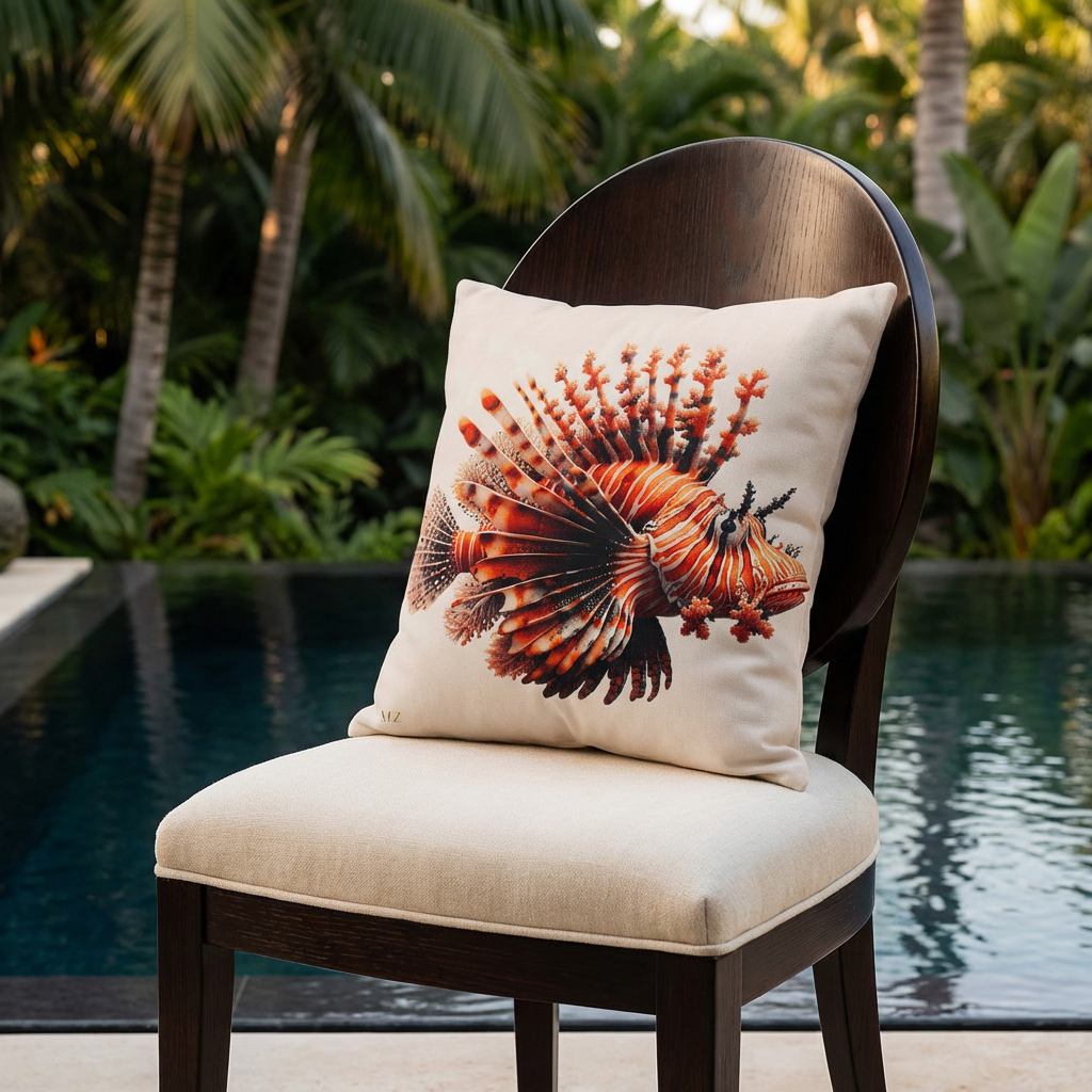 Photographie de décoration d'un grand coussin motif poisson lion mzelle design, disposé sur une chaise au en bois de wengé verni, sans accoudoirs, dossier en bois arrondi demi lune, assise écru, devant une piscine sombre moderne à débordement et plantes exotiques.