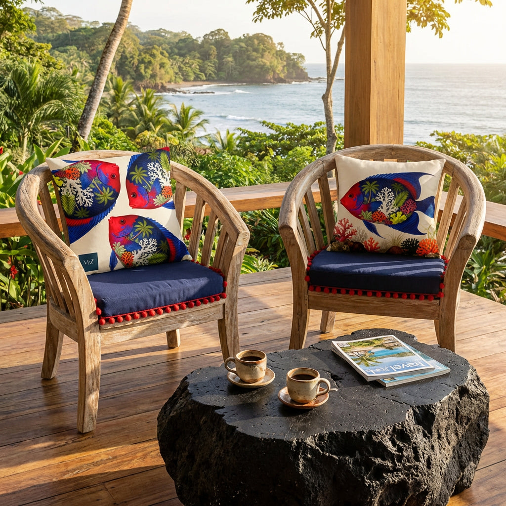 Photo professionnelle de décoration d'intérieur, villa eco-lodge en bois au Costa Rica baignée de soleil, 2 fauteuils créoles en bois flotté aux assises bleu marine finitions pompons rouges, chacun orné d'un large coussin mzelle design motifs poissons tropicaux, bois au sol, table basse en roche volcanique noire.