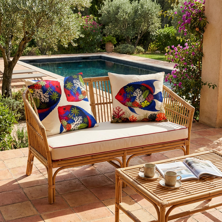 Photo professionnelle de décoration d'intérieur villa provençale, banquette 2 places au design moderne en bambou tressée , assises écrues finitions piping rouges, orné de chaque côté d'un large coussin mzelle design, motifs poissons tropicaux, carrelage tomette au sol, table basse en bambou tressé avec 2 tasses de café et un magazine , en arrière plan une piscine foncée dans un jardin. Atmosphère invitante et haut de gamme.