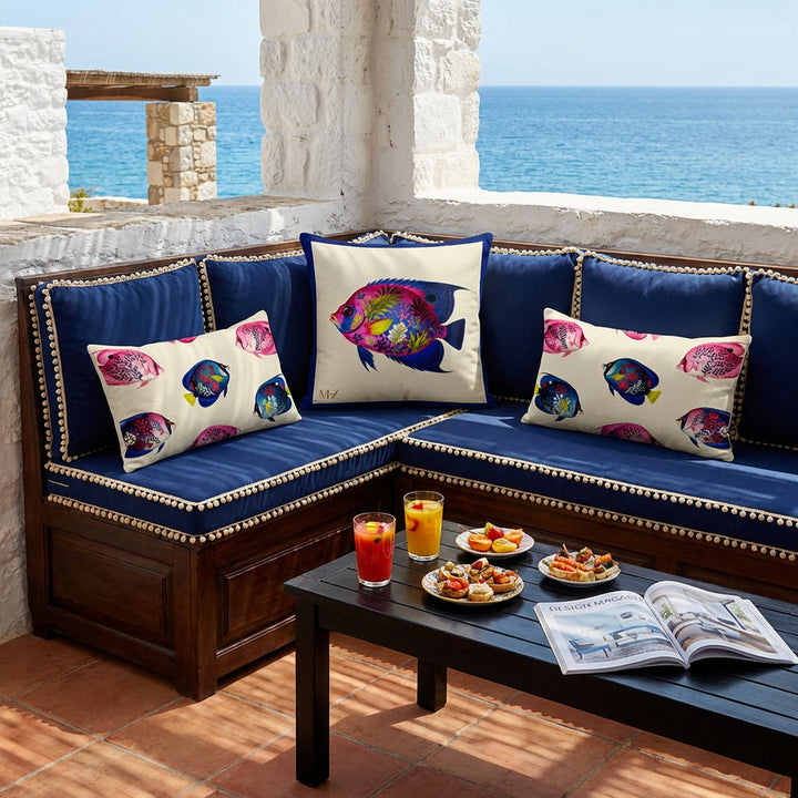 Photo professionnelle de décoration estivale terrasse d'une villa en Grèce, murs blanchis, baignée de soleil ,gros plan de face sur une banquette en bois foncé, assises bleu marine finitions pompons écrus, ornée de trois coussins a motifs poissons tropicaux, table basse en bois noir garnie de tapas.