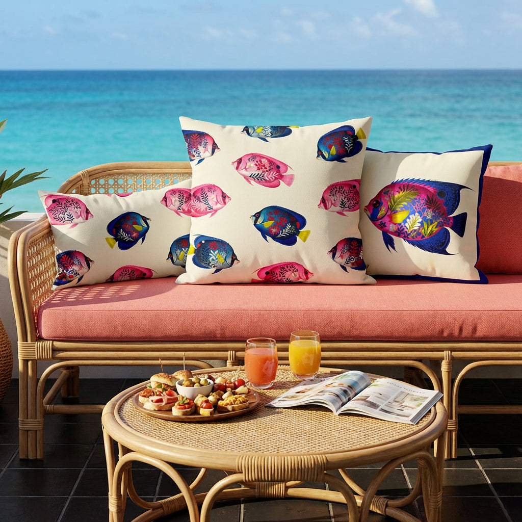 Photo professionnelle de décoration de villa aux Antilles baignée de soleil ,gros plan de face sur une banquette en rotin, assises rose corail, ornée de trais coussins mzelle design motifs poissons tropicaux colorés, table basse en rotin garnie d'un set de tapas, vue sur mer.