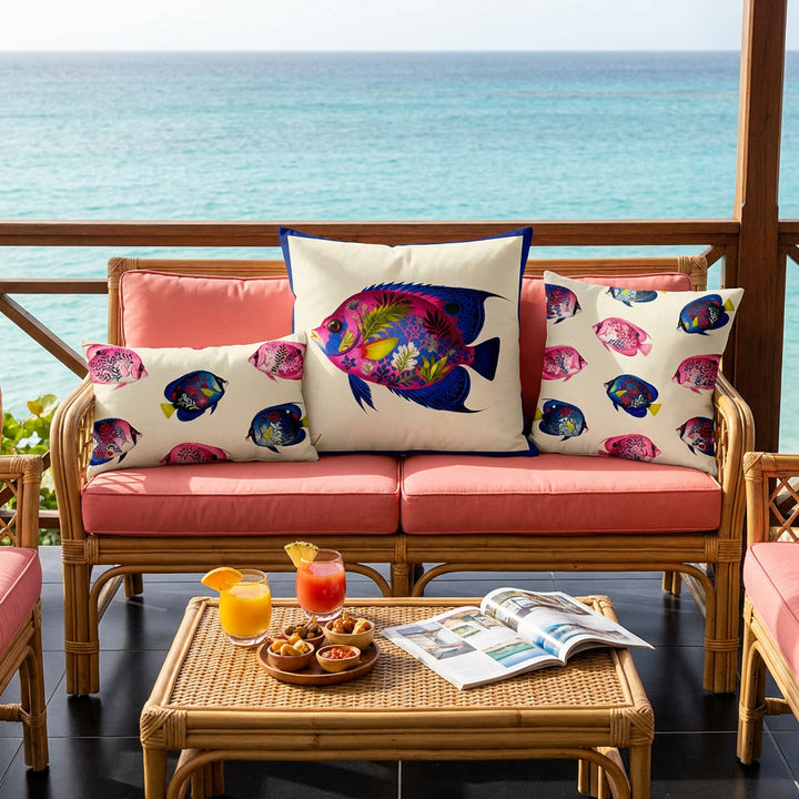 Photo professionnelle de décoration de villa aux Antilles baignée de soleil ,gros plan de face sur une banquette en rotin, assises rose corail, ornée de trais coussins mzelle design motifs poissons tropicaux colorés, table basse en rotin garnie d'un set de tapas, vue sur mer.