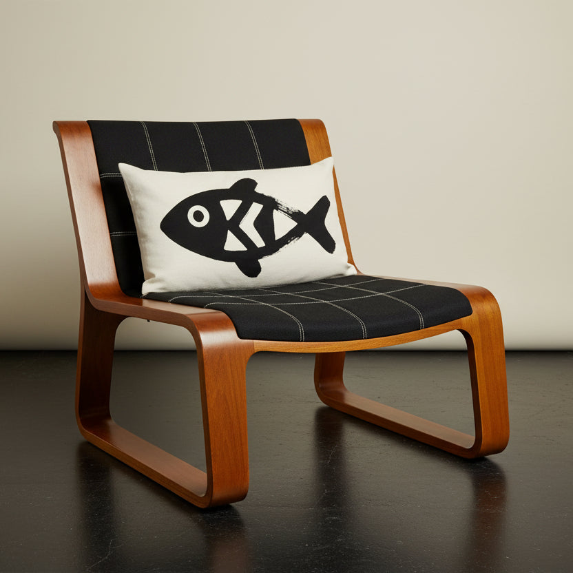 Photographie professionnelle qualité studio, d'un coussin rectangle mzelle design motif poissons, disposé sur une chaise japonaise sans accoudoirs, dossier en tissu noir surpiqué de fil écru, structure épaisse en bois de manguier, disposé dans décor écru neutre.