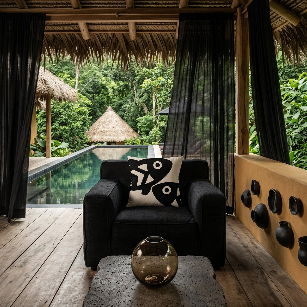 Photo professionnelle lifestyle, décoration terrasse d’eco-lodge du costa-rica, grand fauteuil en tissu noir texturé vue de face, orné d'un large coussin mzelle design , table basse en pierre volcanique garni d'un vase boule en verre fumé brun, sol en bois brut, décoration haut de gamme hospitality. 
