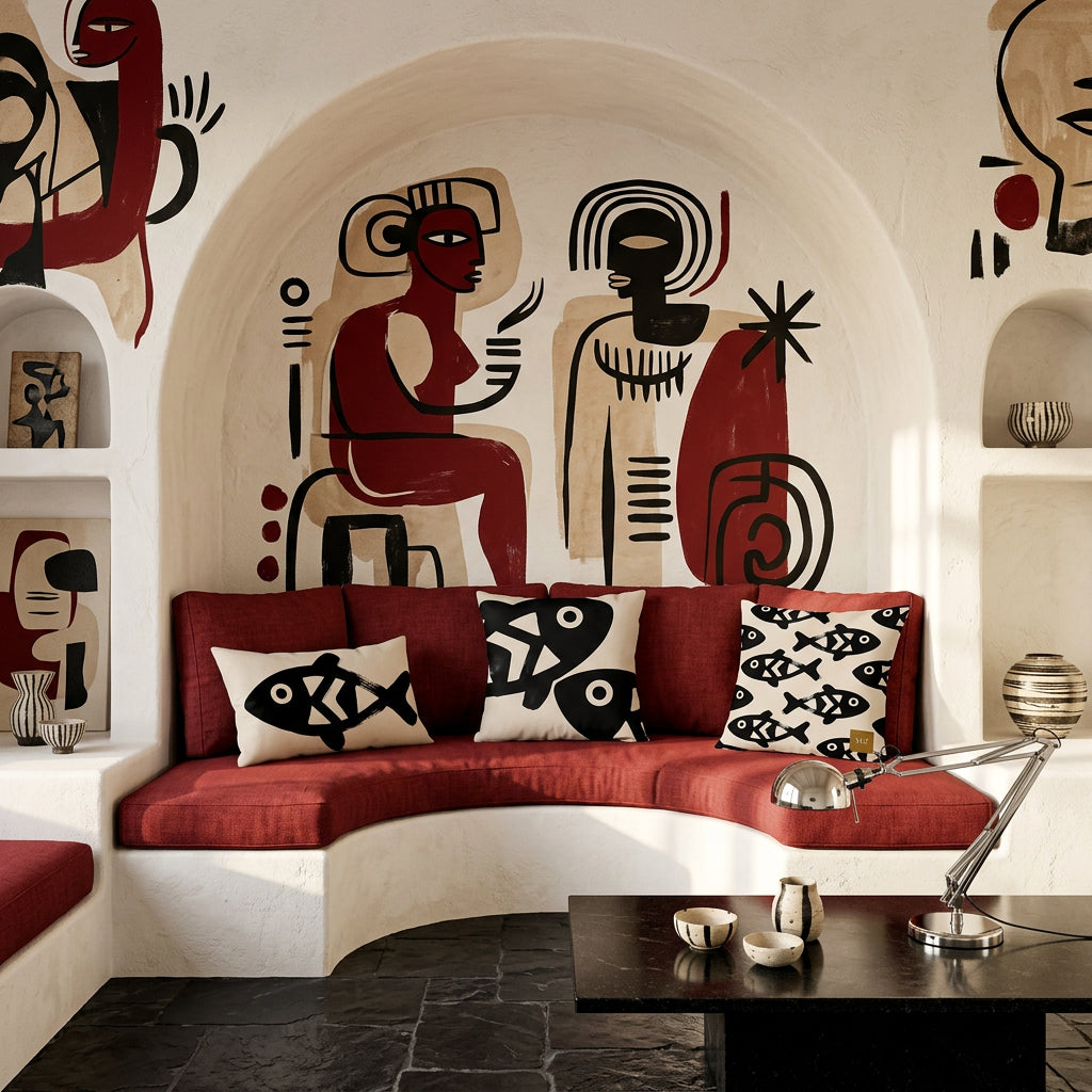 Photo professionnelle hautement détaillée, salon Arty des Bahamas, Canapé en demi-lune, intégré dans la niche en dessous, assises rouge foncé avec 3 coussins assortis mzelle design, motifs poissons, Art contemporain audacieux au mur, décoration afro chic.