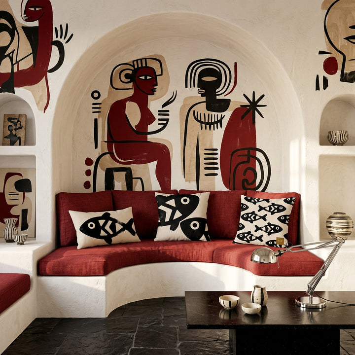 Photo professionnelle hautement détaillée, salon Arty des Bahamas, Canapé en demi-lune, intégré dans la niche en dessous, assises rouge foncé avec 3 coussins assortis mzelle design, motifs poissons, Art contemporain audacieux au mur, décoration afro chic.
