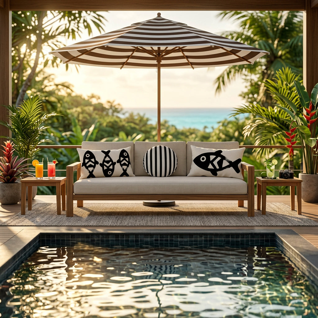 Photo professionnelle lifestyle, décoration terrasse d’eco-lodge , Canapé placé au centre, coussins rectangles mzelle design motifs poissons et coussin rond rayé noir et blanc , sur une élégante terrasse des Caraïbes, au premier plan  une piscine.
