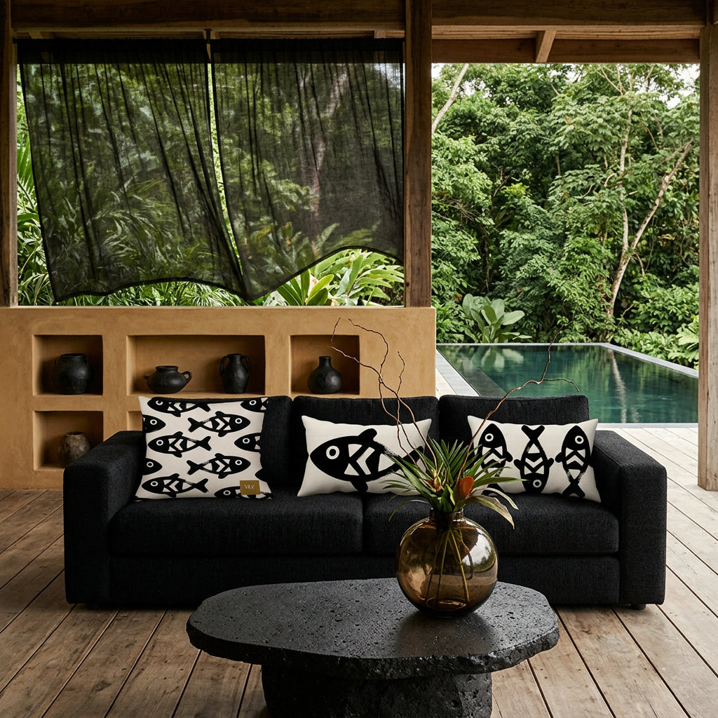 Photo professionnelle lifestyle, décoration terrasse d’eco-lodge, banquette en tissu noir texturé vue de face, orné de 3 coussins mzelle design motifs poissons,  table basse en pierre volcanique garni d'un vase boule en verre fumé brun, sol en bois brut, poteries artisanales et rideaux en lin noir flottant. 