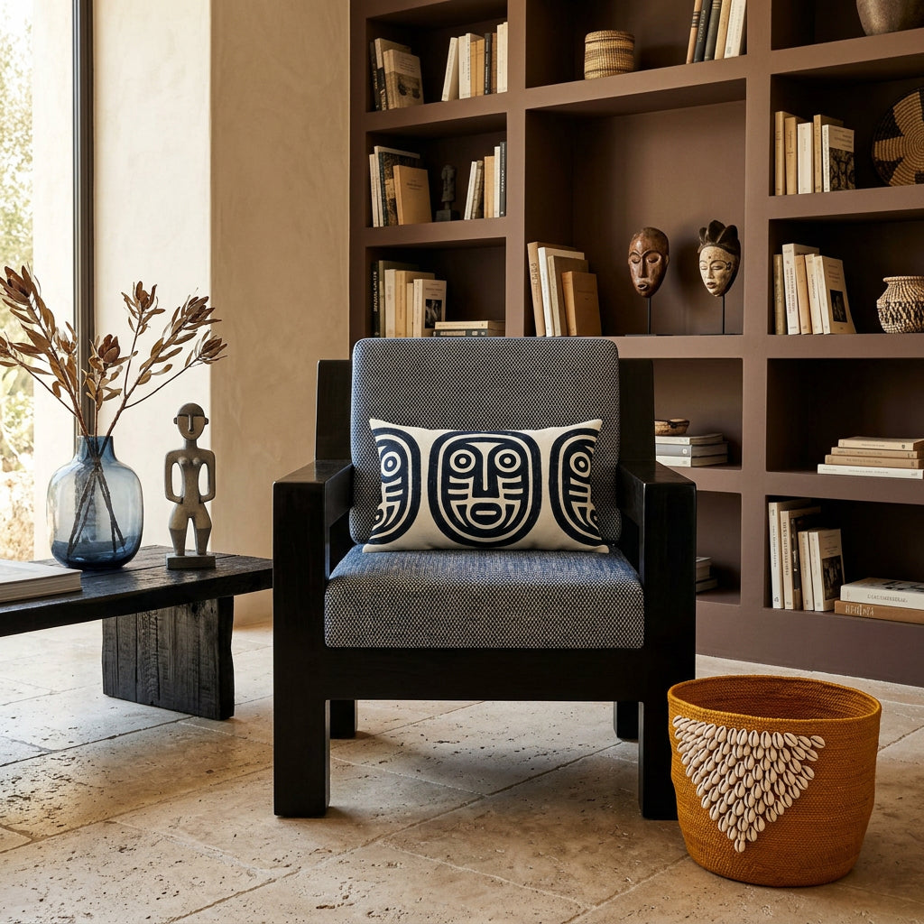 Photo professionnelle lifestyle, décoration Salon ethno-créole haut de gamme, chaise au design audacieux vue de face,  ornée d'un coussin rectangulaire mzelle design. Table basse en bois brûlé noir garni d'un vase en verre fumé bleu et d'une statuette style vaudou artistique.