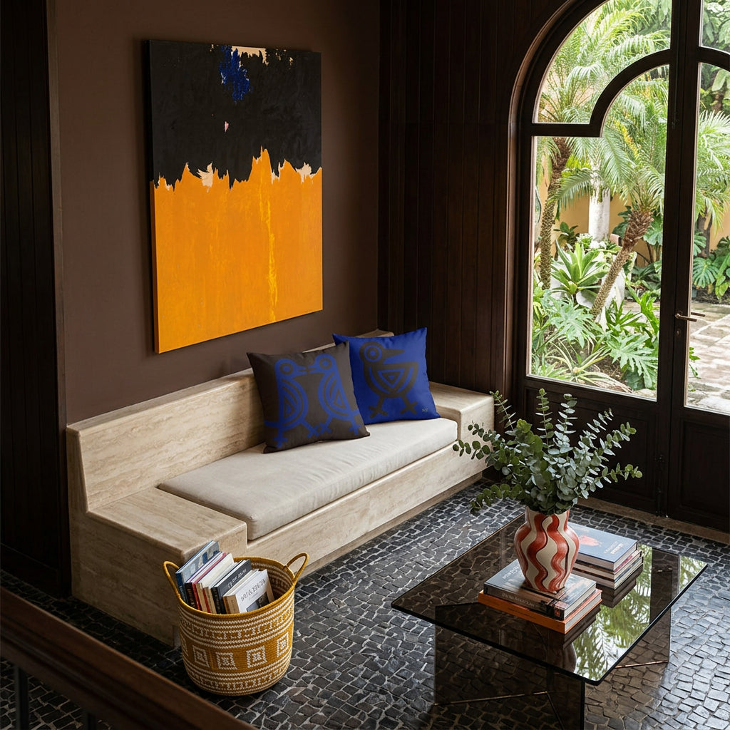 Photographie d’intérieur, hacienda modernisée. Vue en plongée d'une mezzanine,  banquette en pierre  ornée de deux coussins mzelle design. Mur lisse peint en marron foncé uni sur lequel est accrochée une toile contrastant avec les autres murs en panneaux de bois sombre.  sol en mosaiques de pierres foncées, panier et livres.