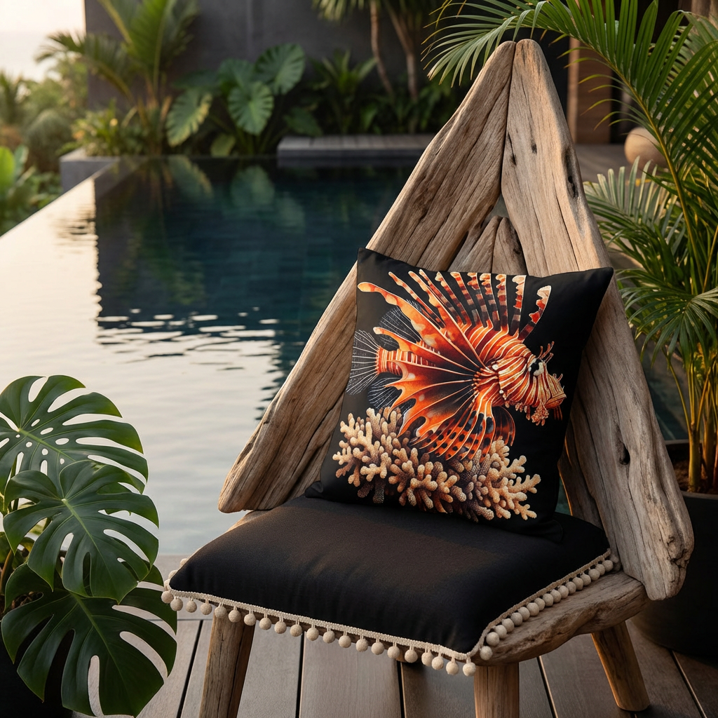 Photographie professionnelle d'un grand coussin mzelle design motif poisson lion et corail, disposé sur une chaise au design original et contemporain en bois flotté, triangulaire, assise noire finitions petits pompons écrus, placé devant une piscine sombre moderne à débordement et plantes exotiques.