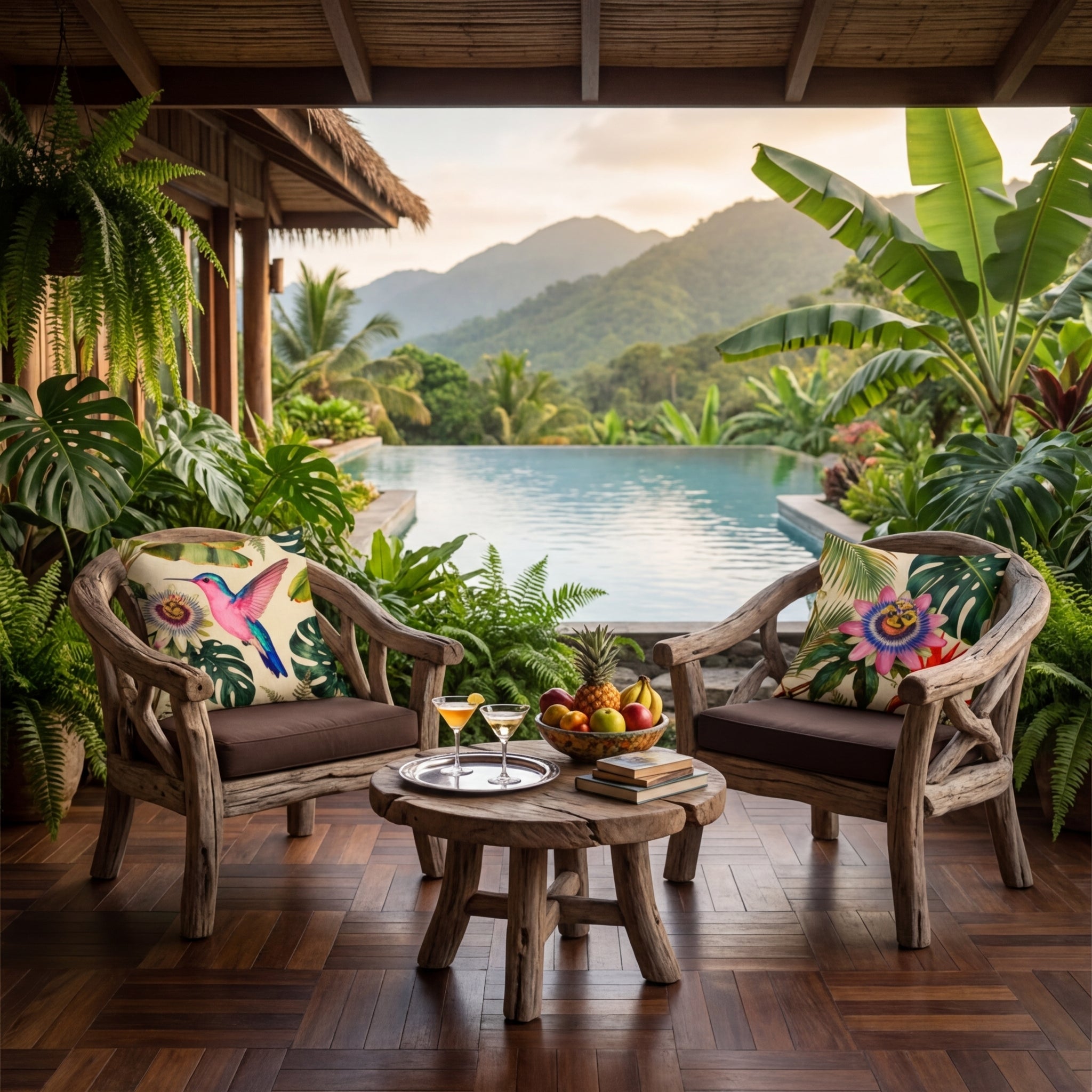 Photographie professionnelle esprit nature, vue de face en gros plan sur 2 fauteuils en bois flotté,  assises marron foncé, ornés de 2 larges coussins motif colibri tropical mzelle design, à gauche et à droite, exposé sur la véranda avec un jardin botanique vue sur piscine.