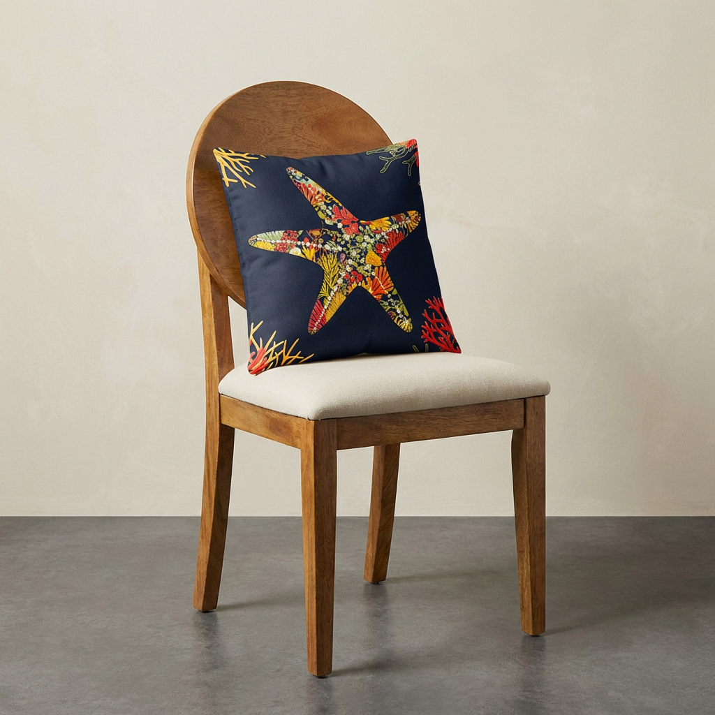 Photographie d'un grand coussin motif étoile de mer, disposé sur une chaise créole en bois de manguier verni, sans accoudoirs, dossier en bois arrondi demi lune, assise écru, disposé dans décor écru neutre.