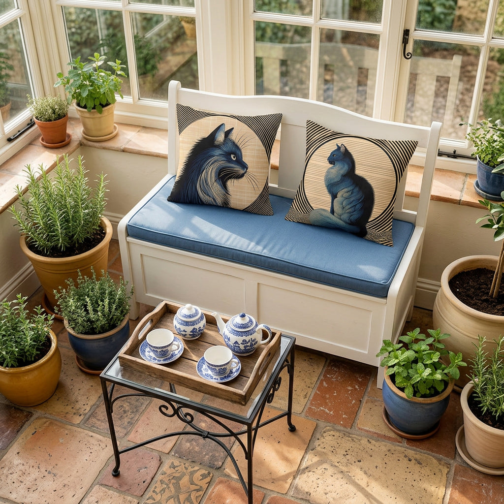 Photo professionnelle de décoration, verrière vintage aménégée, cottage anglais, vue en plongée d'une banquette-coffre en bois peint en blanc, assises bleu marine en coton, sans accoudoirs, ornée de 2 coussins décoratifs mzelle design, sol en carrelage rustique ocre, table en fer forgé noir, garnie d'un service à thé en porcelaine bleu et blanc. 