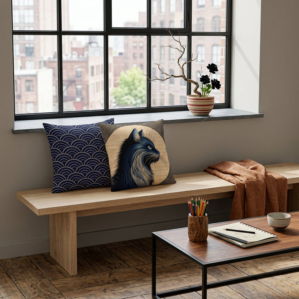 Photographie d’intérieur décoration de loft japandi ,  banquette en bois clair orné de 2 coussins mzelle design tons bleu, fenêtre industrielle vue sur le ville, adossé au mur grège lisse , sol en parquet rustique, une table basse en métal noir, orné d'un pot à crayons de couleurs, un carnet avec une tasse de thé par dessus, composition ikébana. 