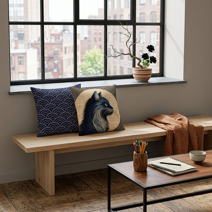 Photographie d’intérieur décoration de loft japandi ,  banquette en bois clair orné de 2 coussins mzelle design tons bleu, fenêtre industrielle vue sur le ville, adossé au mur grège lisse , sol en parquet rustique, une table basse en métal noir, orné d'un pot à crayons de couleurs, un carnet avec une tasse de thé par dessus, composition ikébana. 