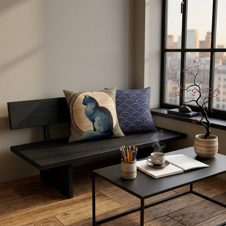 Photographie d’intérieur décoration de loft japandi ,  banquette en bois noir orné de 2 coussins mzelle design tons bleu, fenêtre industrielle vue sur le ville, adossé au mur grège lisse , sol en parquet rustique, une table basse en métal noir, orné d'un pot à crayons de couleurs, un carnet avec une tasse de thé par dessus, composition ikébana. 