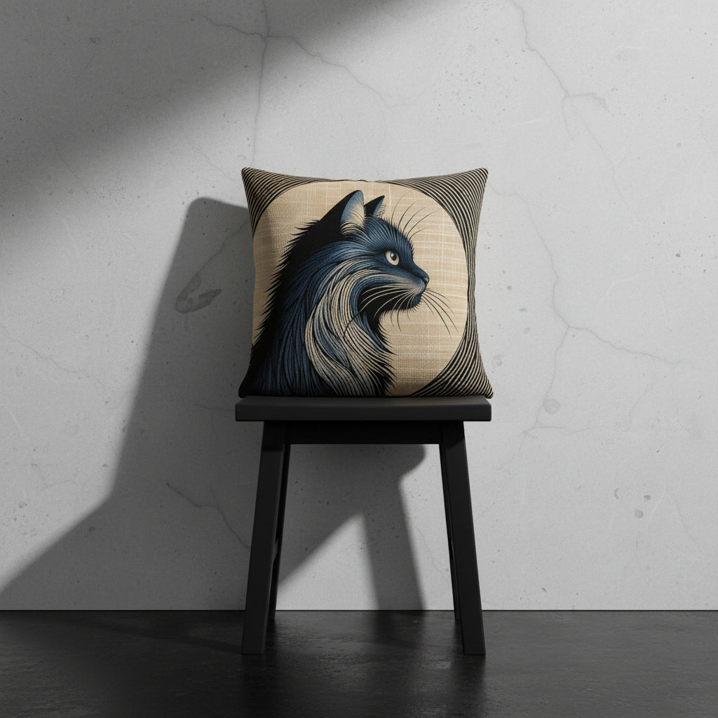 Photographie professionnelle qualité studio, d'un coussin exposé sur un tabouret japonais en bois noir disposé contre un mur de pierres clairs, sol en béton ciré noir.
