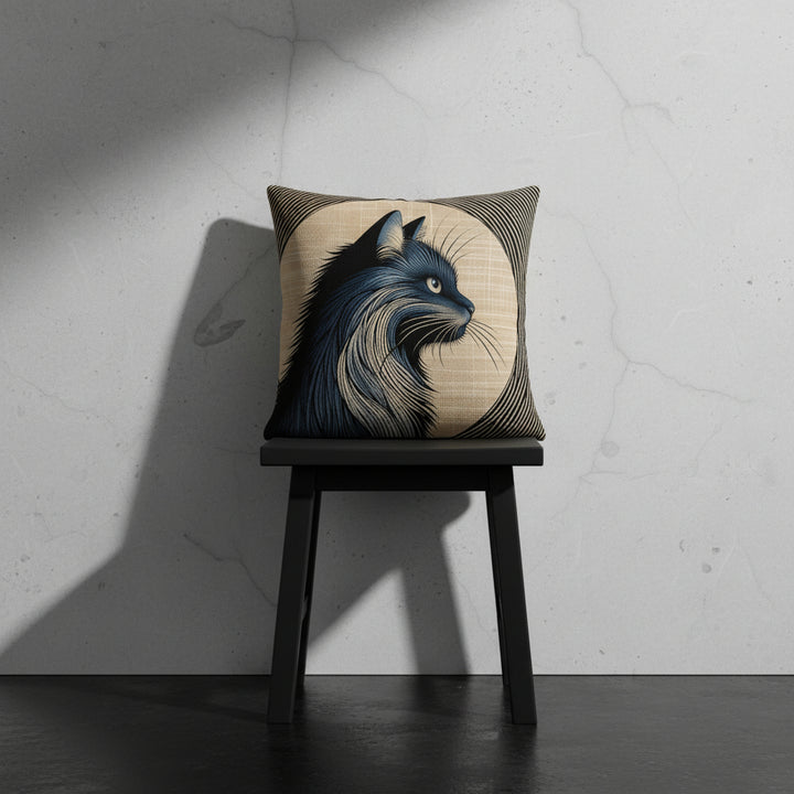 Photographie professionnelle qualité studio, d'un coussin exposé sur un tabouret japonais en bois noir disposé contre un mur de pierres clairs, sol en béton ciré noir.
