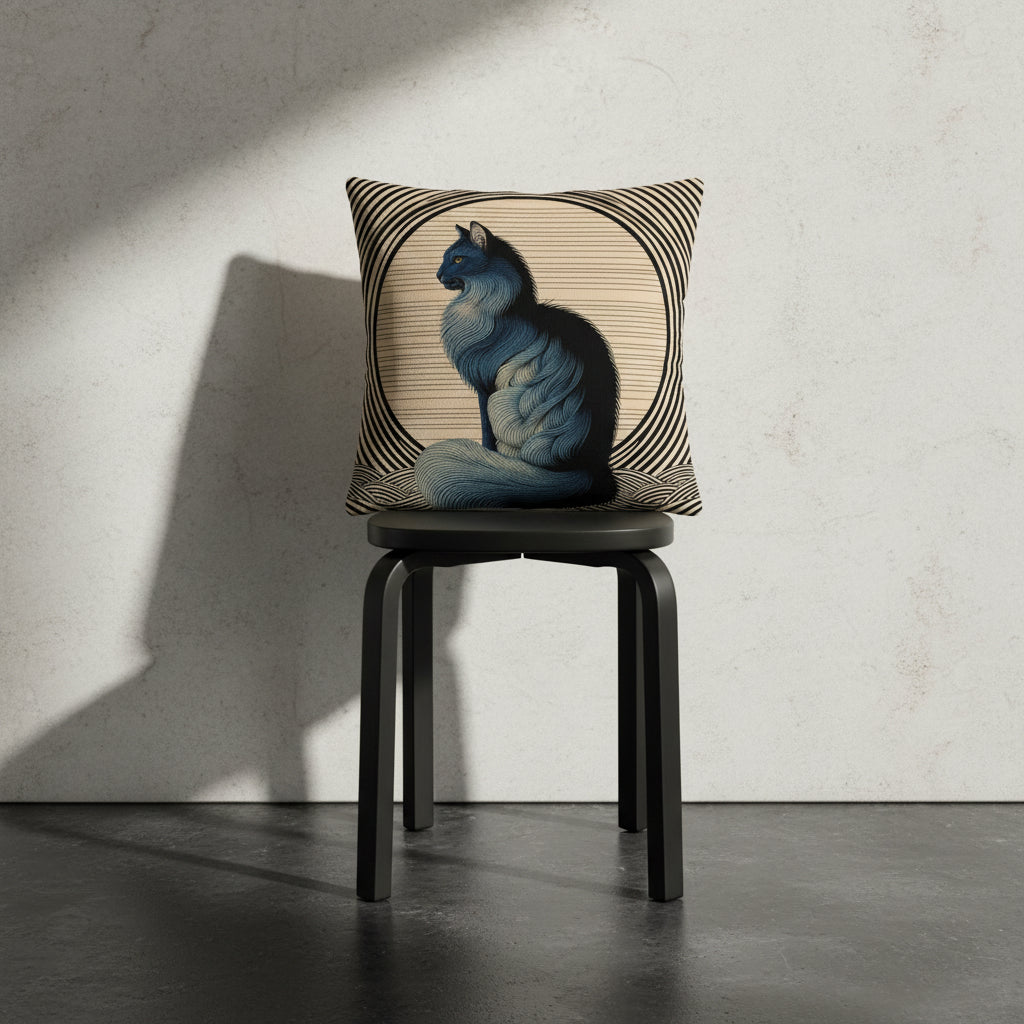 Photographie professionnelle qualité studio, d'un coussin mzelle design motif chat, exposé sur un tabouret japonais en bois noir disposé contre un mur de pierres clairs, sol en béton ciré noir.
