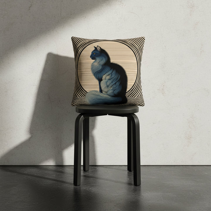 Photographie professionnelle qualité studio, d'un coussin mzelle design motif chat, exposé sur un tabouret japonais en bois noir disposé contre un mur de pierres clairs, sol en béton ciré noir.