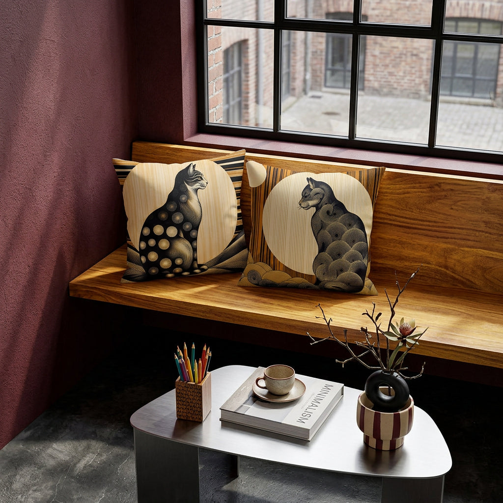 Photographie d’intérieur décoration de loft japandi ,  banquette en bois de manguier vernis orné de 2 coussins mzelle design motifs chat ukiyo-e, placé sous une fenêtre industrielle, adossé au mur burgundy, sol en béton ciré foncé, une table basse triangulaire en métal inox.