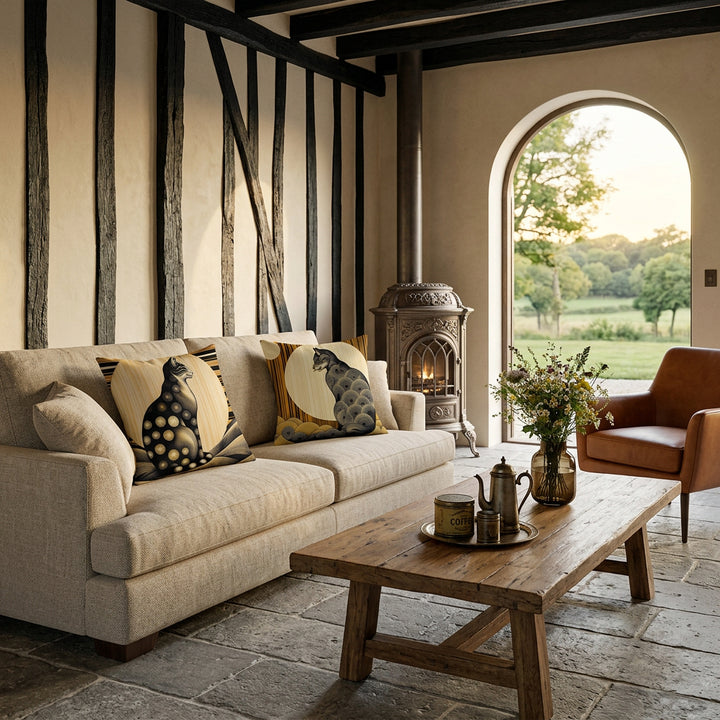 Photo professionnelle de décoration d'intérieur rustique, salon de ferme-hôtel normande rénovée, canapé en lin lavé couleur orné de deux coussins mzelle design motifs chats, murs enduits à la chaux écru, poutres anciennes en bois noir patiné, sol en pierre grise vieillie, cheminée brasero, bouquet de fleurs sauvage. 