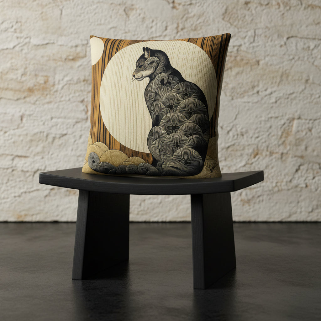 Photographie professionnelle qualité studio, d'un coussin exposé sur un tabouret japonais en bois noir disposé contre un mur de pierres clairs, sol en béton ciré noir.