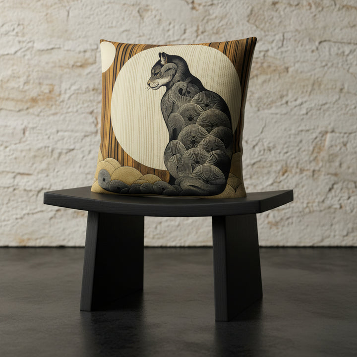 Photographie professionnelle qualité studio, d'un coussin exposé sur un tabouret japonais en bois noir disposé contre un mur de pierres clairs, sol en béton ciré noir.