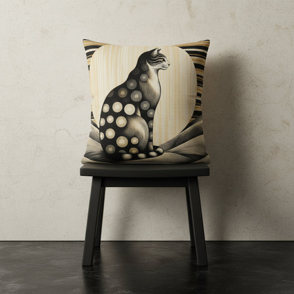 Photographie professionnelle qualité studio, d'un coussin exposé sur un tabouret japonais en bois noir disposé contre un mur de pierres clairs, sol en béton ciré noir.