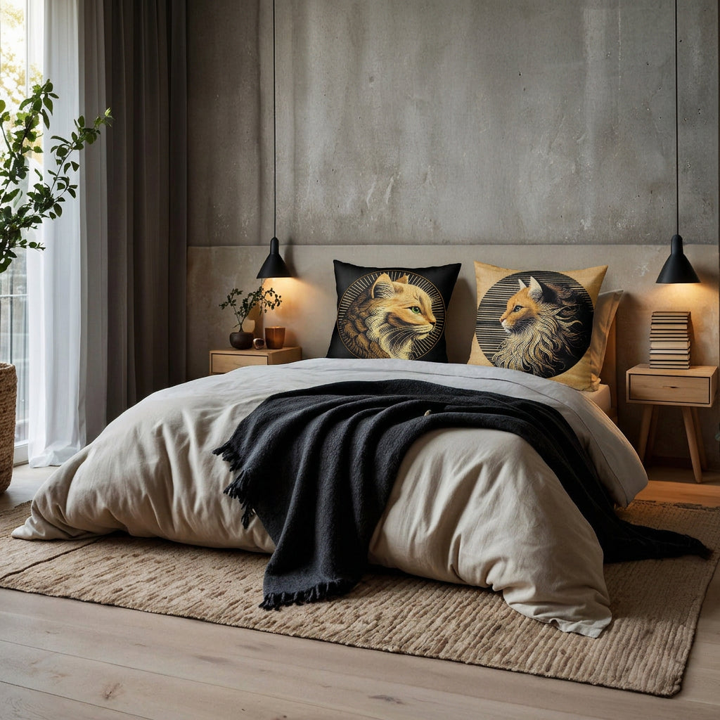 Photo professionnelle de décoration, chambre contemporaine brutaliste , lit  ornée de 2 coussins décoratifs mzelle design, motifs chats ocre et noir,  Atmosphère invitante sereine, belle lumière de matinée.