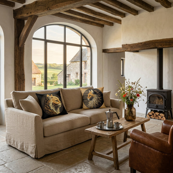 Photo professionnelle de décoration d'intérieur, salon de ferme-hôtel normande rénovée, canapé orné de deux coussins mzelle design motifs chats, murs enduits à la chaux blanc cassé, poutres anciennes en chêne patiné, sol en pierre calcaire vieillie, cheminée brasero d'appoint esthétique, table basse monastique en bois brut garni d'un service à café en étain, cafetière vintage, bouquet de fleurs sauvage.