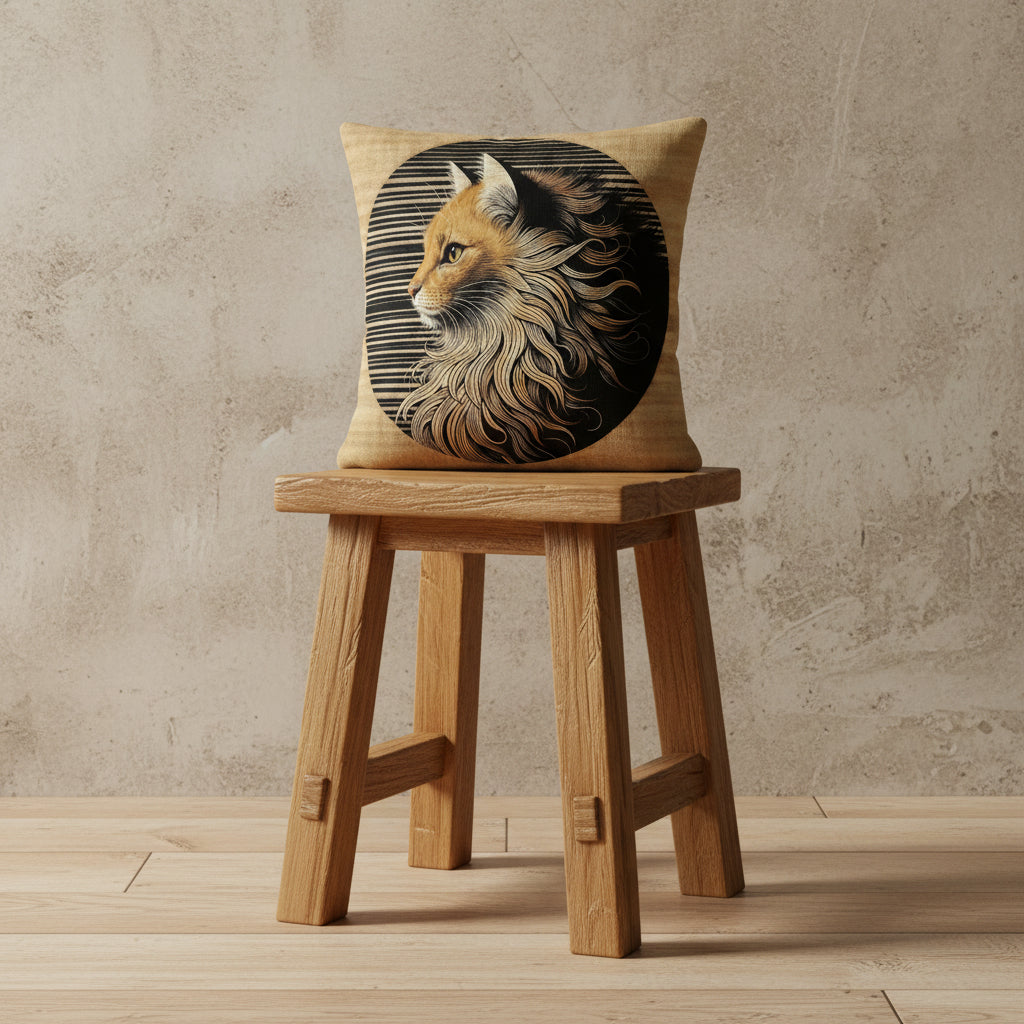 Photographie professionnelle qualité studio, d'un coussin exposé sur un tabouret style campagne en bois d'acacia vernis disposé contre un mur de pierres rustique beige neutre.