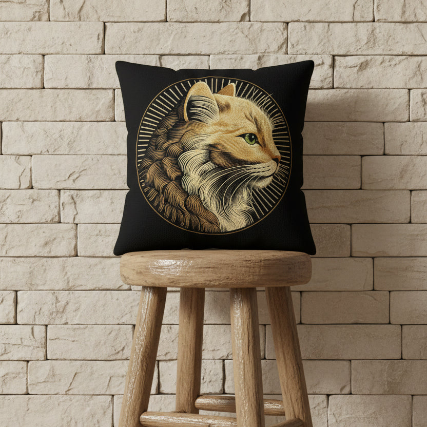 Photographie professionnelle qualité studio, d'un coussin exposé sur un tabouret style campagne en bois flotté vernis disposé contre un mur de pierres rustique beige neutre.