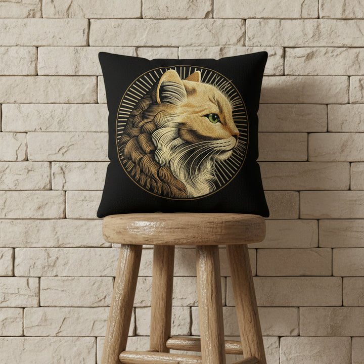Photographie professionnelle qualité studio, d'un coussin exposé sur un tabouret style campagne en bois flotté vernis disposé contre un mur de pierres rustique beige neutre.