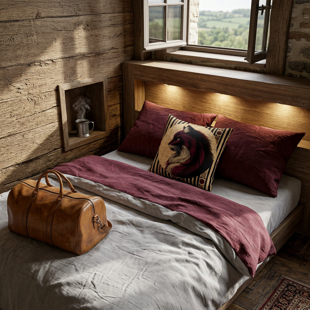 Photographie d’intérieur, chambre d'hôte rustique normande, coussin mzelle design motif chat posé sur un grand lit contre 2 oreillers, draps raffinés en lin gris clair et bordeaux, un sac de voyage en cuir camel sur le lit, mur en bois de chêne brut et fenêtre ouverte.