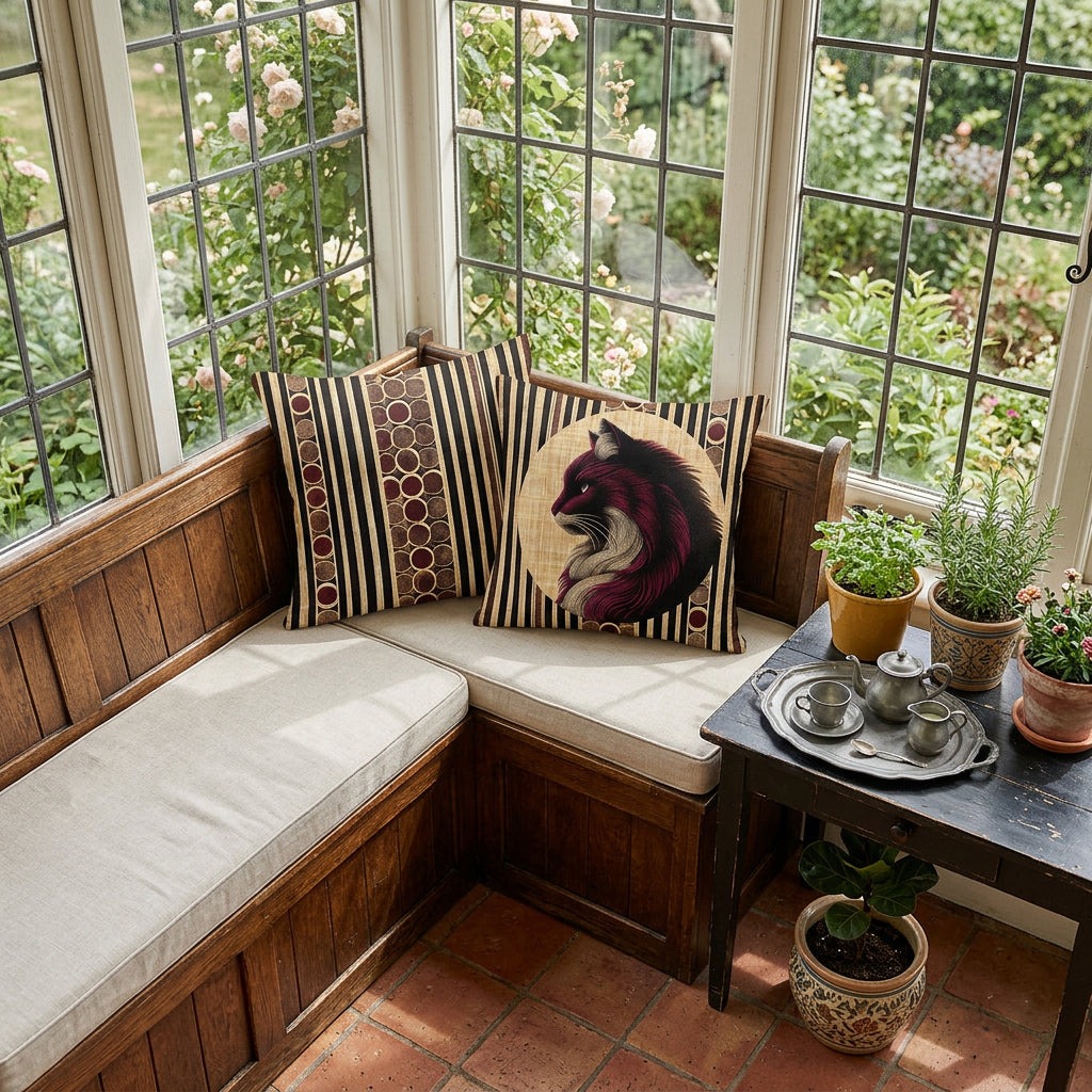 Photo professionnelle de décoration,  cottage anglais, vue en plongée sur un angle aménagé d'une banquette-coffre en bois verni, assises écrues en lin, sans accoudoirs, ornée de 2 coussins décoratifs mzelle design motif chat, sol en carrelage rustique ocre, table en bois peint noir , garnie d'un plateau en étain avec un service à thé. 
