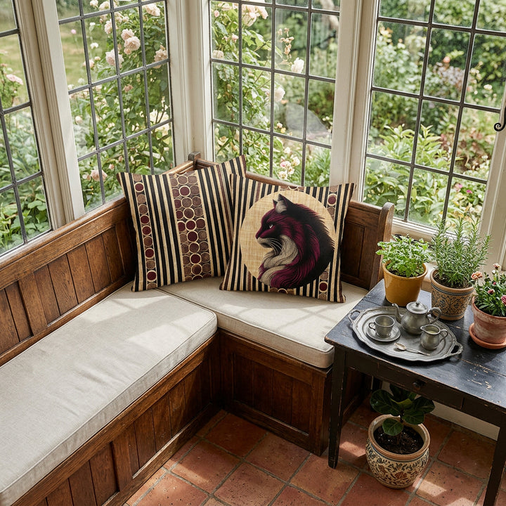 Photo professionnelle de décoration,  cottage anglais, vue en plongée sur un angle aménagé d'une banquette-coffre en bois verni, assises écrues en lin, sans accoudoirs, ornée de 2 coussins décoratifs mzelle design motif chat, sol en carrelage rustique ocre, table en bois peint noir , garnie d'un plateau en étain avec un service à thé. 