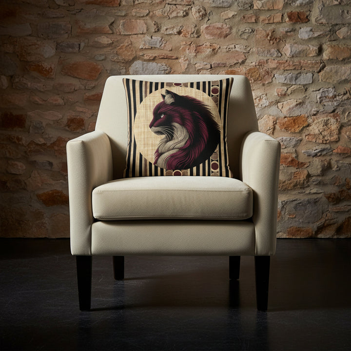 Photographie professionnelle qualité studio, d'un coussin exposé sur une chaise en velours écrue texturé, murs de pierres rustique, sol en béton ciré noir.