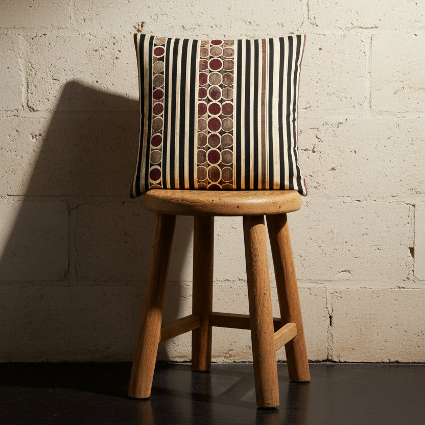 Photographie professionnelle qualité studio, d'un coussin exposé sur un tabouret style campagne en bois de chêne rustique disposé contre un mur de pierres clairs, sol en béton ciré noir.