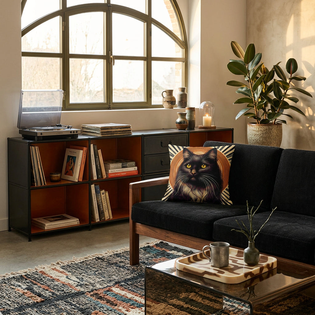 Photo professionnelle lifestyle, décoration salon Mid-Century Modern  éclectique, un canapé structure épaisse en bois de noyer et assise vintage en velours milleraies noir légèrement usé, orné d'un grand coussin motif chat mzelle design. En arrière plan: murs lisse gris anthracite et fenêtre industrielle en arche, commode industrielle.