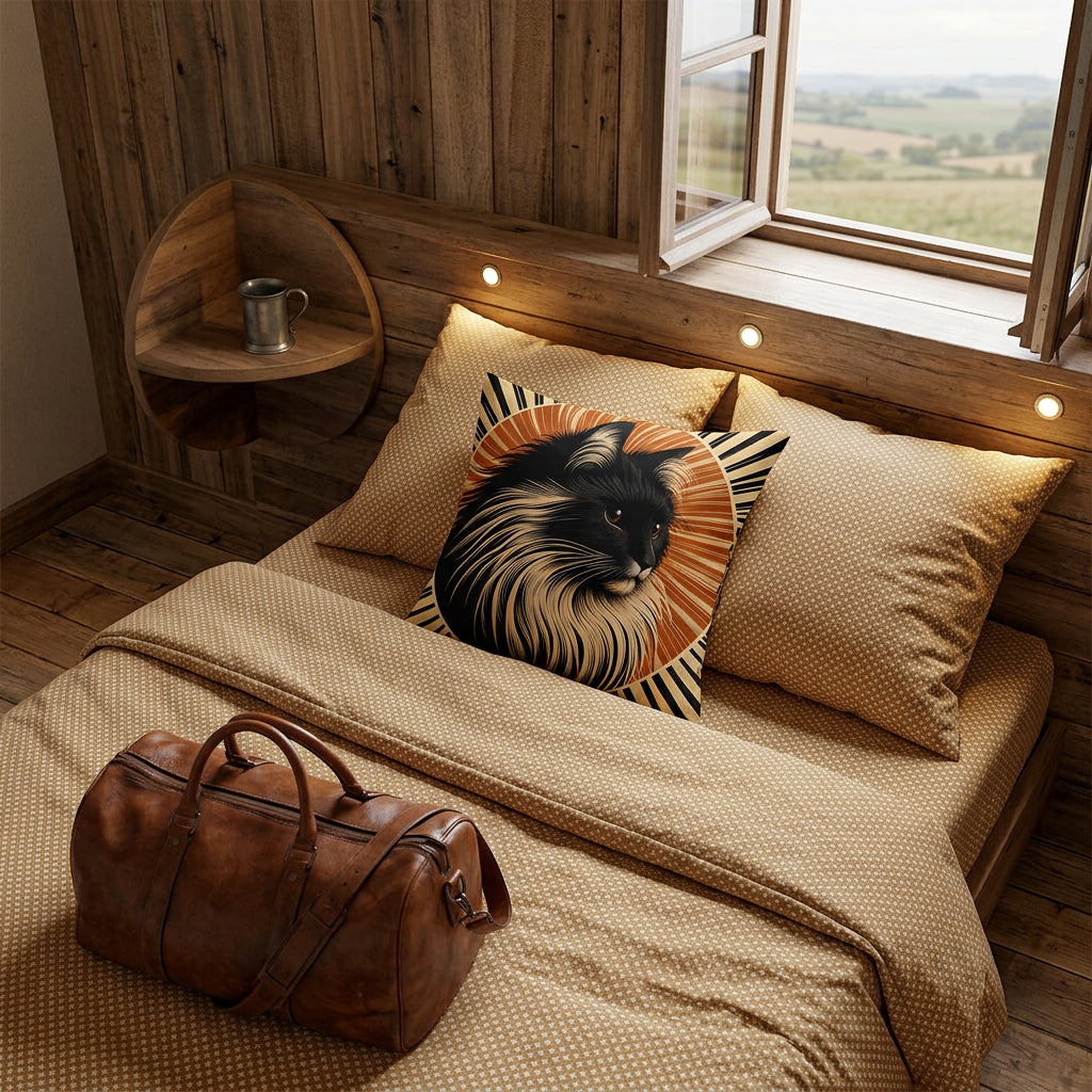 Photographie d’intérieur, chambre d'hôte rustique normande , vue en plongée en gros plan sur un coussin mzelle design motif tête de chat posé sur un grand lit contre 2 oreillers, draps raffinés en coton de chambray ocre avec des petits motifs géométriques  écru, un sac de voyage en cuir brun havane sur le lit, mur en bois d'acacia brut et fenêtre ouverte.
