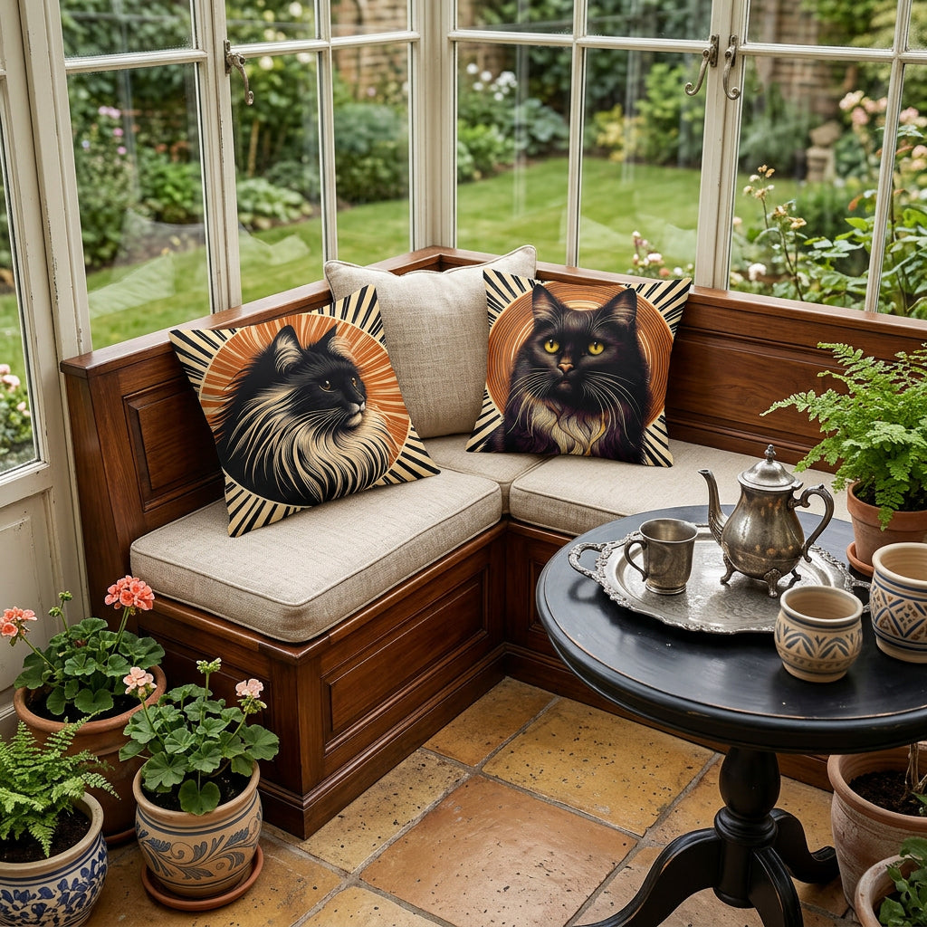 Photo professionnelle de décoration, verrière vintage d'un cottage anglais,  banquette-coffre en bois verni, assises écrues en lin, sans accoudoirs, ornée de 2 coussins décoratifs mzelle design motifs chat graphique, ambiance rustique,  plantes dans des pots ocre, bleu et beige. Atmosphère campagnarde et invitante sereine, belle lumière de matinée.